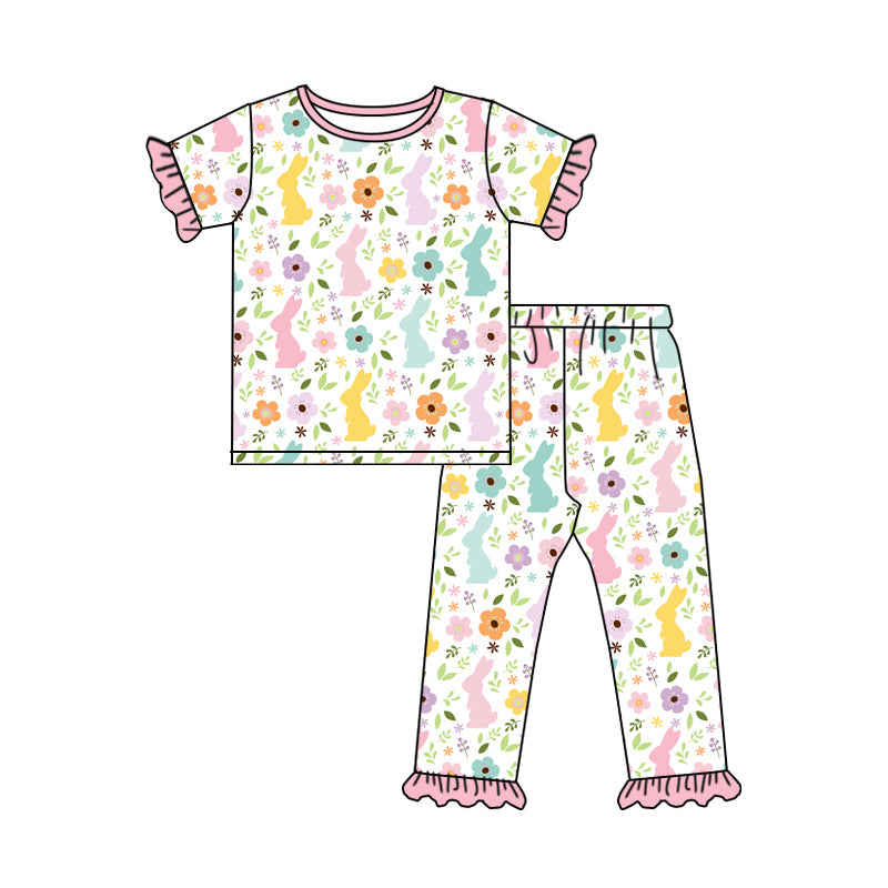 (Pre-order)GSPO1935 Colorful Bunny Flowers Print Girls Easter Pajamas Clothes Set
