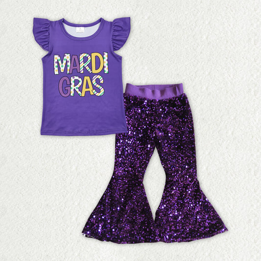 GSPO1937 Mardi Gras Purple Top Sequin Bell Pants Girls Clothes Sets