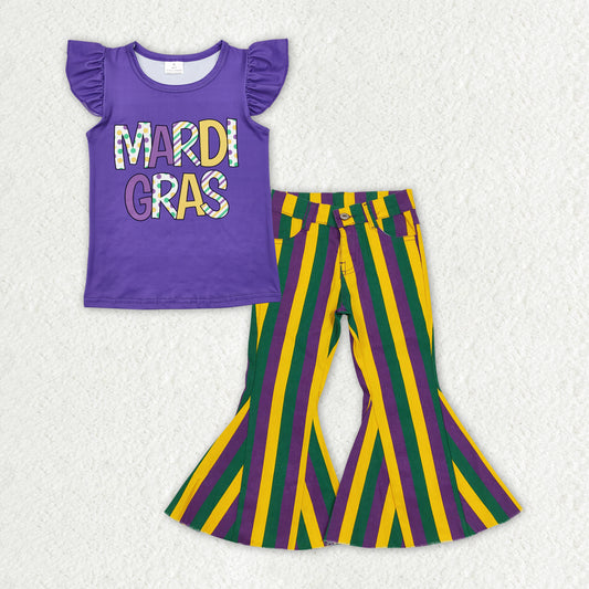 GSPO1938 Purple Mardi Gras Top Stripes Denim Bell Jeans Girls Clothes Set