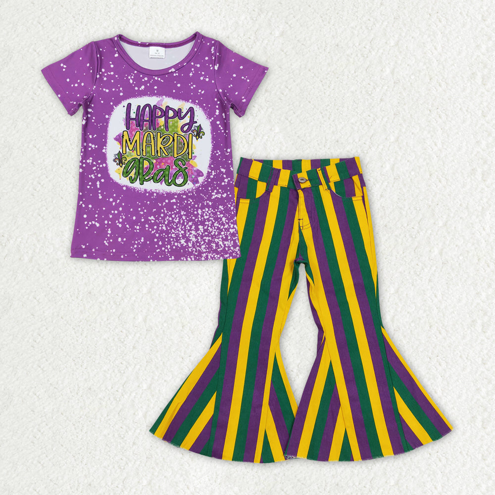 GSPO1939 Happy Mardi Gras Purple Top Stripes Denim Bell Jeans Girls Clothes Set