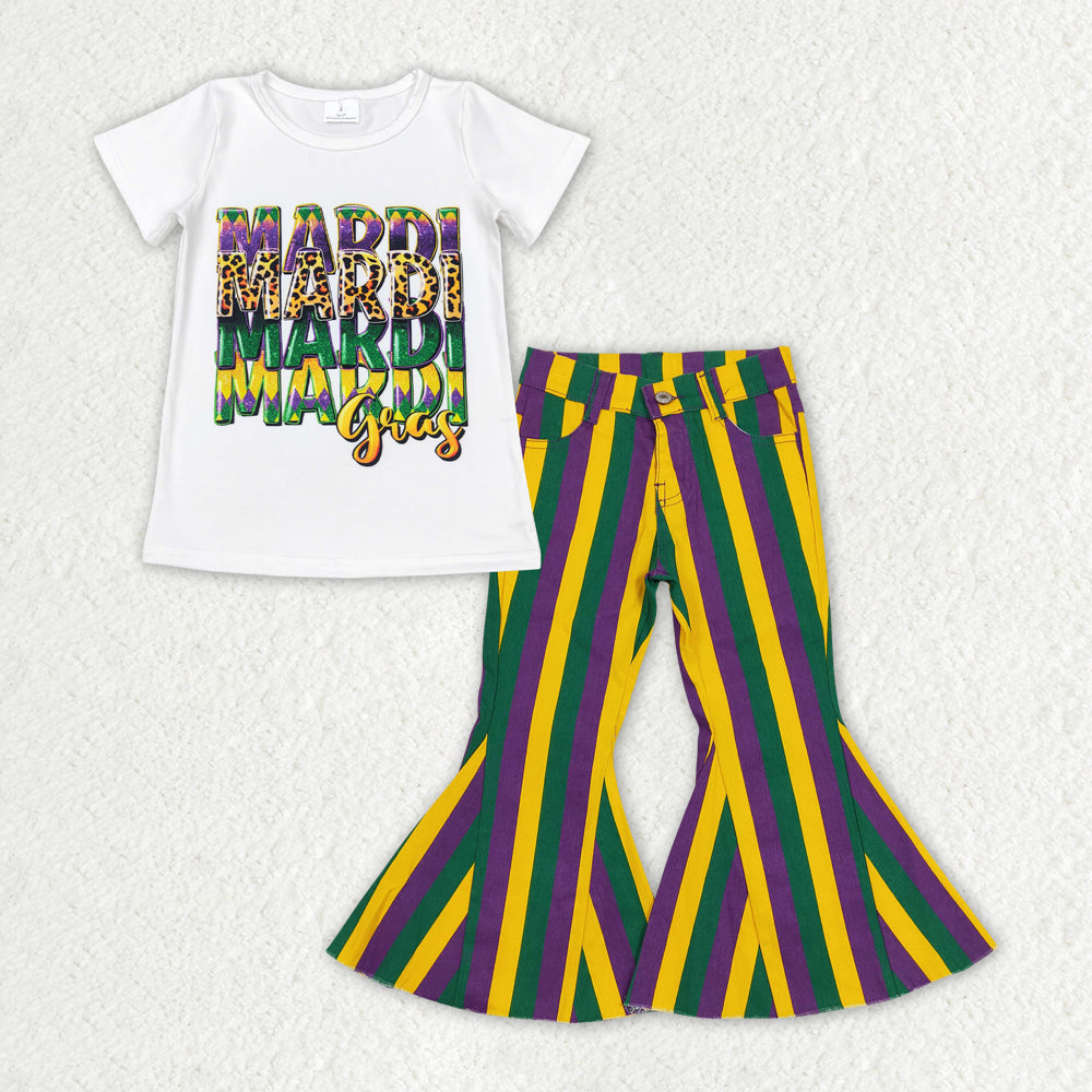 GSPO1940 Mardi Gras White Top Stripes Denim Bell Jeans Girls Clothes Set