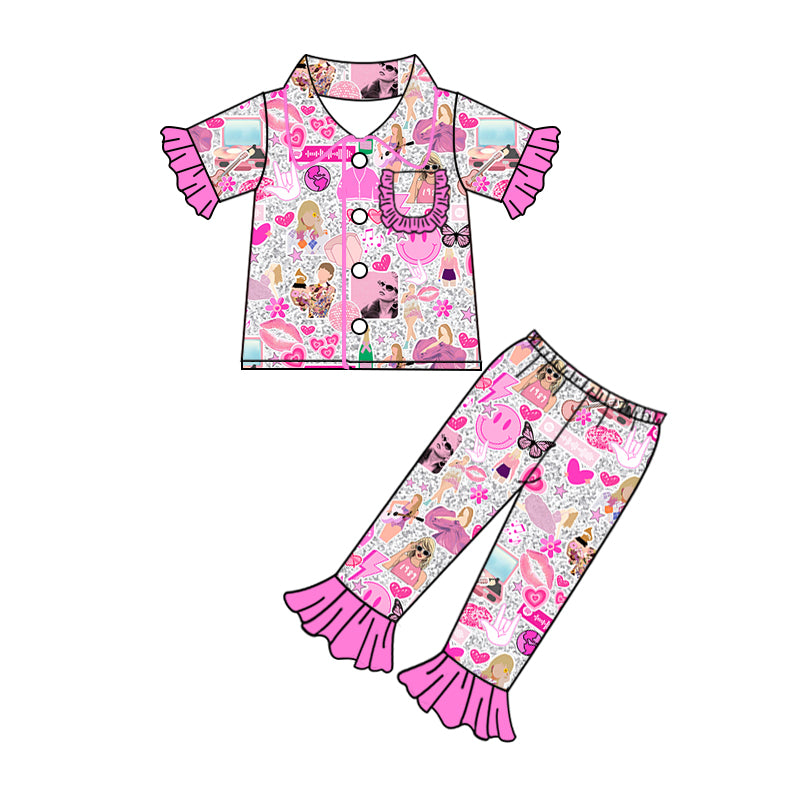 (Pre-order)GSPO1942 Singer Swiftie Pink Print Girls Buttons Pajamas Clothes Set