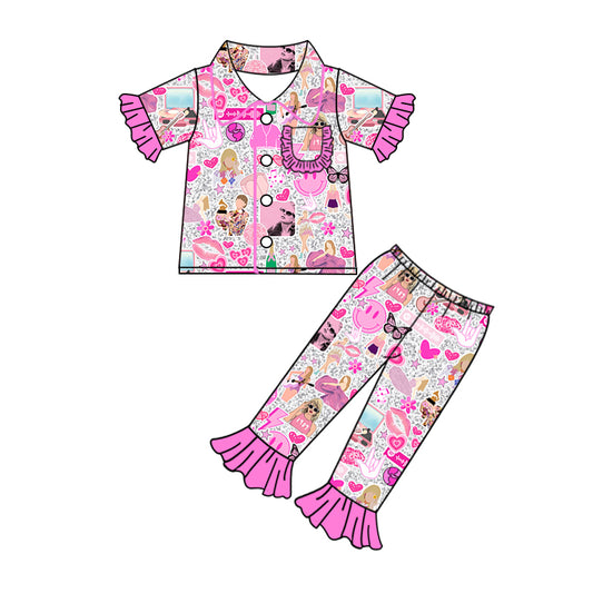 (Pre-order)GSPO1942 Singer Swiftie Pink Print Girls Buttons Pajamas Clothes Set