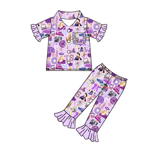 (Pre-order)GSPO1943 Singer Swiftie Purple Print Girls Buttons Pajamas Clothes Set
