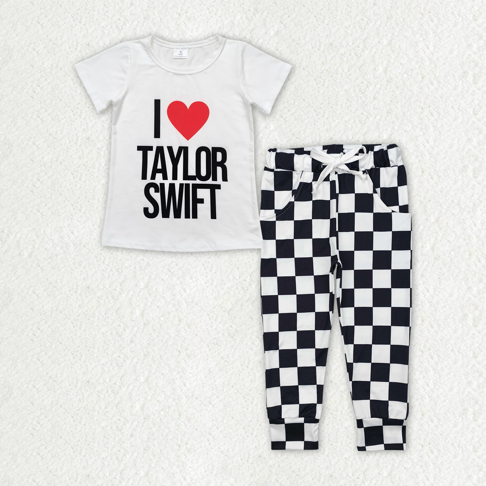 GSPO1944 I LOVE Swift Top Blakc Plaid Pants Girls Clothes Set