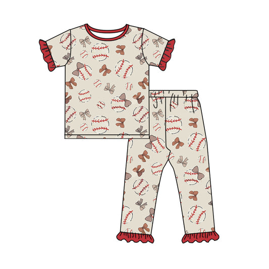 (Pre-order)GSPO1945 Baseball Bows Print Girls Pajamas Clothes Set