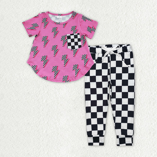 GSPO1946  Flash Pocket Pink Top Black Plaid Pants Girls Clothes Set