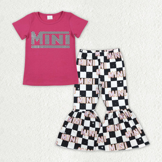 GSPO1947  Hot Pink MINI Vinyl Top Plaid Bell Pants Girls Clothes Set