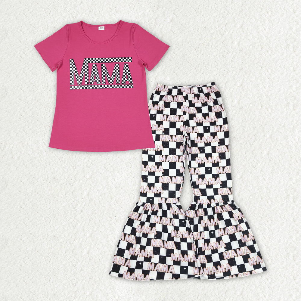 Hot Pink Vinyl MINI & MAMA Top Plaid Bell Pants Mom and Me Matching Clothes Set