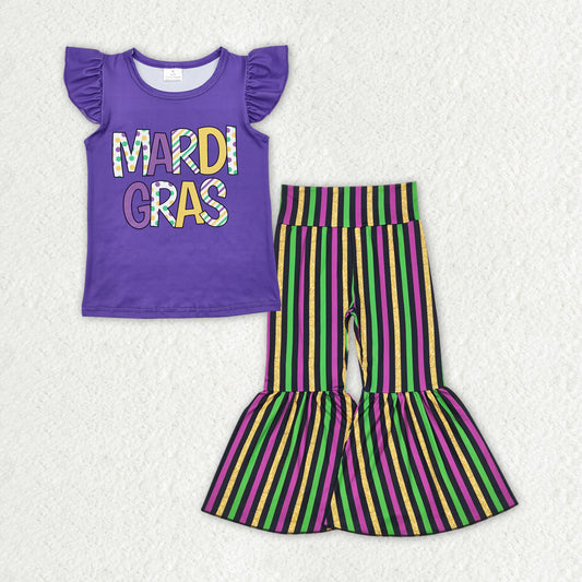 GSPO1949 Mardi Gras Purple Top Stripes Bell Pants Girls Clothes Set