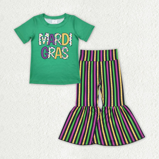 GSPO1950 Mardi Gras Green Top Stripes Bell Pants Girls Clothes Set