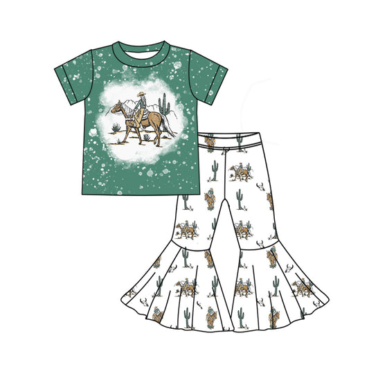(Pre-order)GSPO1951 Cowgirl Cactus Print Bell Pants Girls Clothes Set