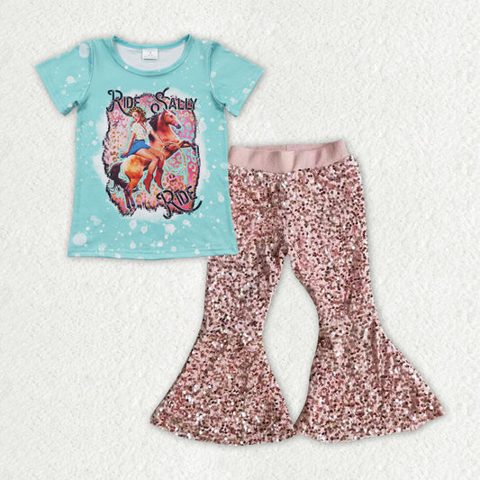 GSPO1965 RIDE SALLY RIDE Top Pink Sequin Bell Pants Girls Western Clothes Set