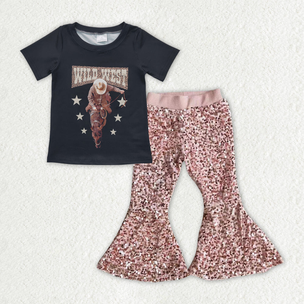 GSPO1966 Black Wild West Top Pink Sequin Bell Pants Girls Western Clothes Set