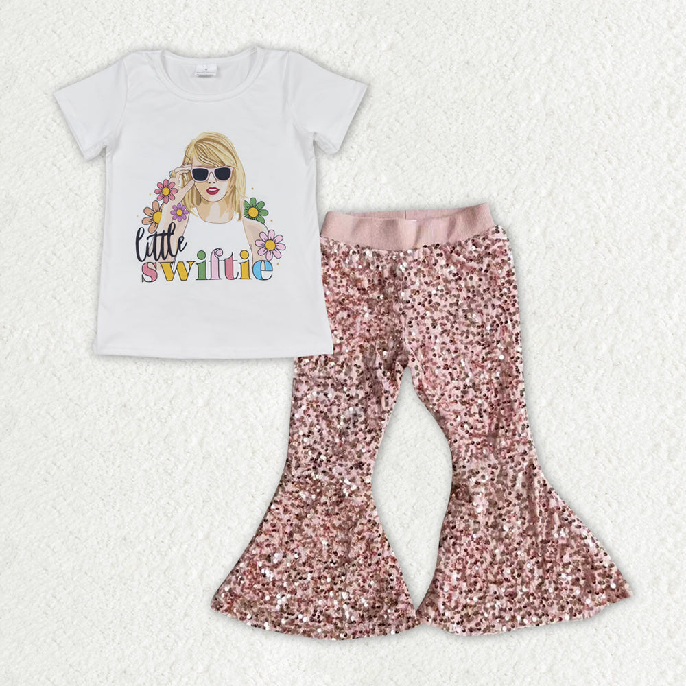 GSPO1967 Singer Swiftie Flowers Top Pink Sequin Bell Pants Girls Clothes Set