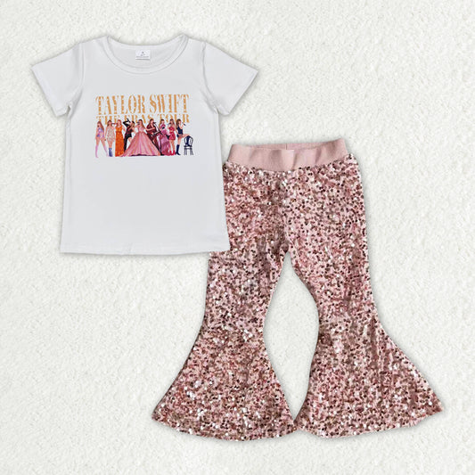 GSPO1968 Singer Swiftie Top Pink Sequin Bell Pants Girls Clothes Set