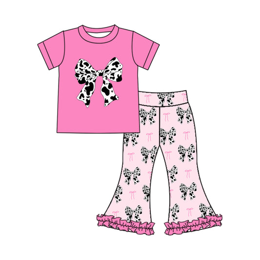 (Pre-order)GSPO1969 Bows Cowhide Print Bell Pants Girls Clothes Set