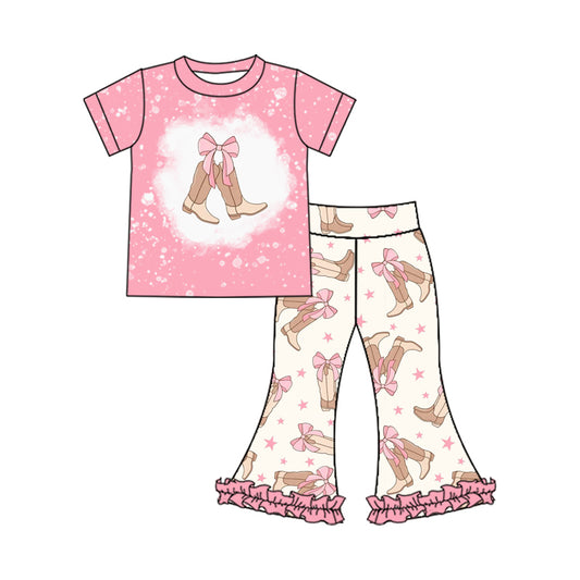 (Pre-order)GSPO1970 Bows Boots Print Bell Pants Girls Clothes Set