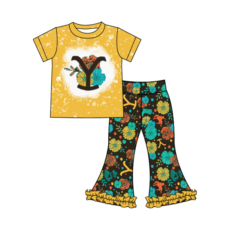 (Pre-order)GSPO1971 Singer Yellow Y Flowers Print Bell Pants Girls Clothes Set