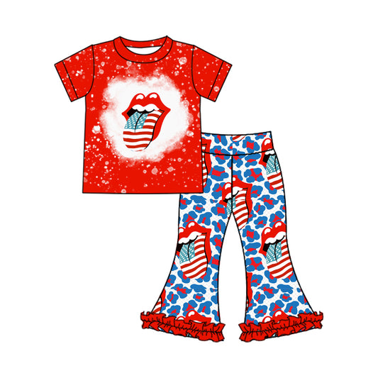 (Pre-order)GSPO1972 Flag Leopard Print Bell Pants Girls 4th of July Clothes Set