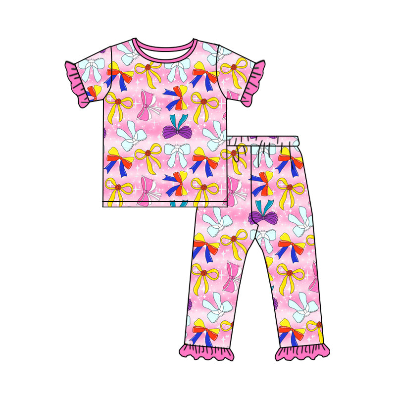 (Pre-order)GSPO1972 Cartoon Princess Bows Pink Print Girls Pajamas Clothes Set