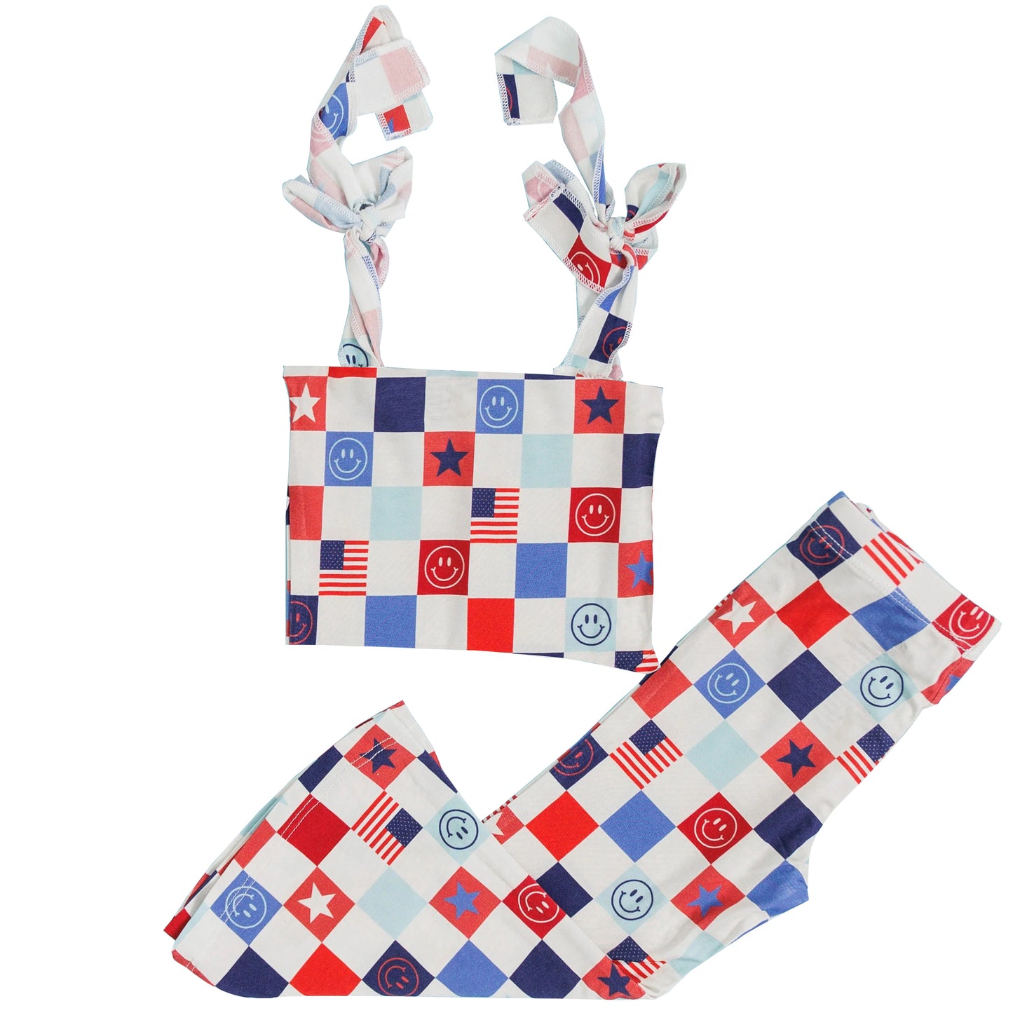 (Pre-order)GSPO1973 Smiling Face Red Blue Plaid Print Girls 4th of July Clothes Set