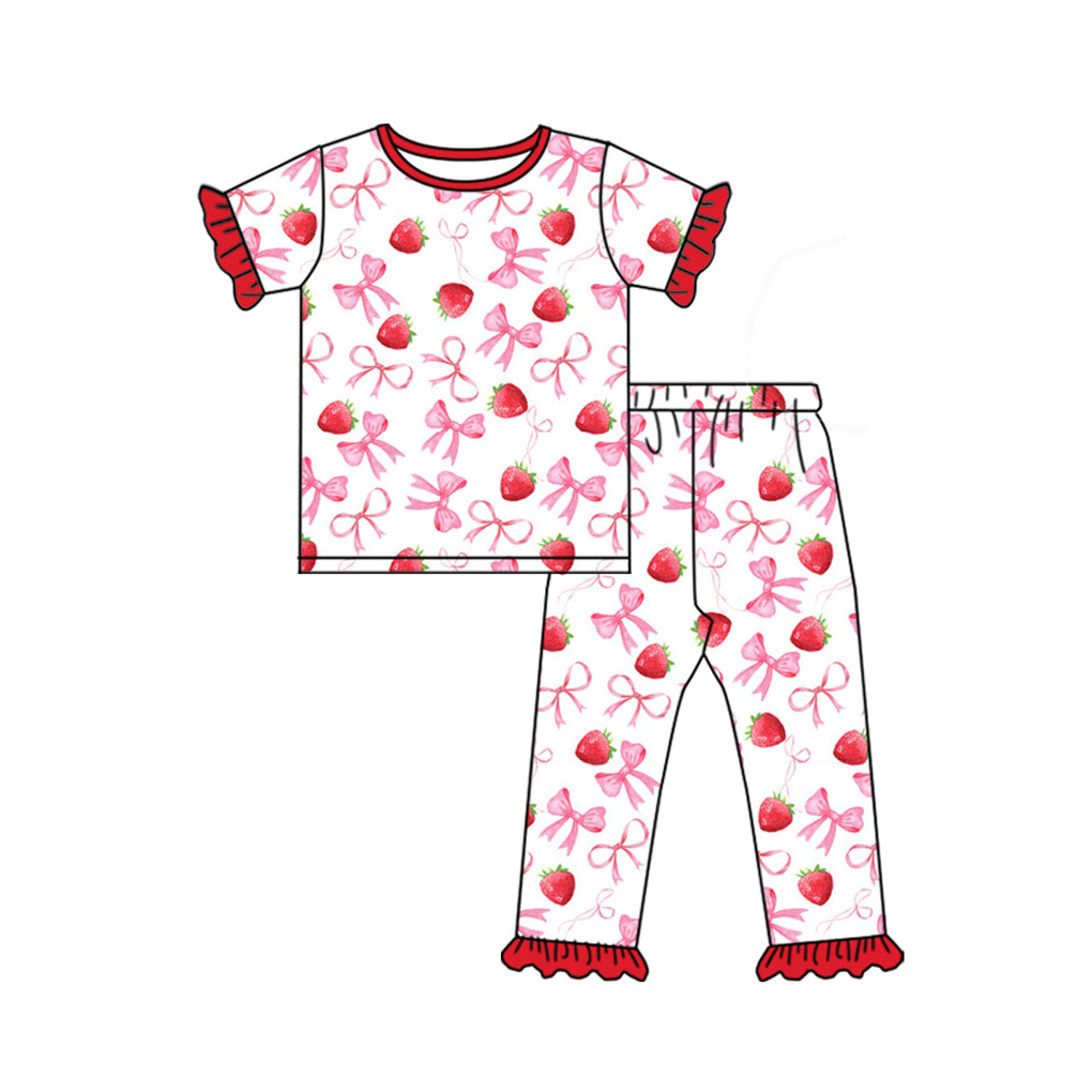 (Pre-order)GSPO1980 Strawberry Bows Print Girls Pajamas Clothes Set