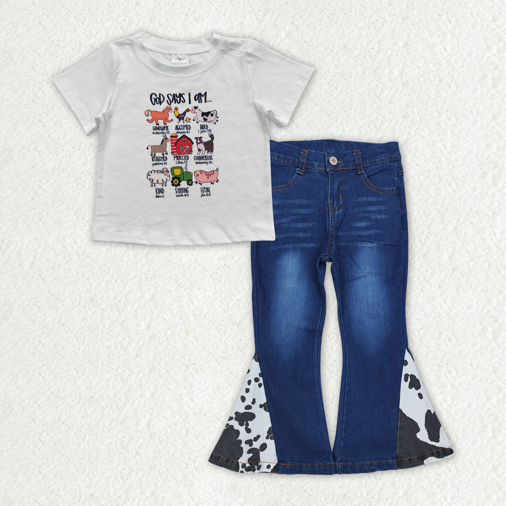 GSPO1981 Animals Top Cowhide Blue Denim Bell Jeans Girls Clothes Set