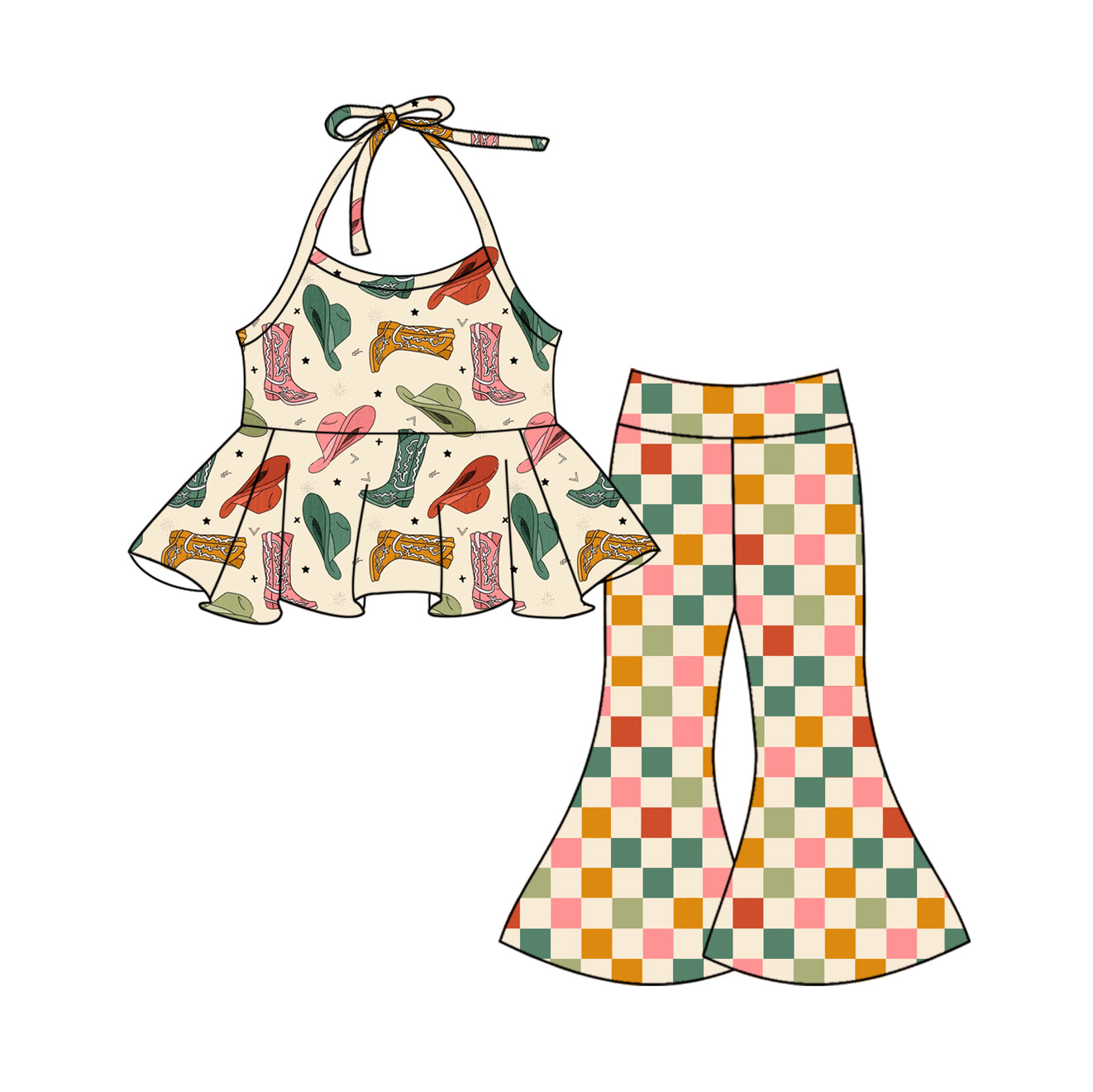 (Pre-order)GSPO1985 Boots Hat Halter Top Plaid Ball Pants Girls Western Clothes Set