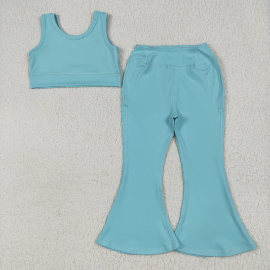 GSPO2004 Blue Color Crop Top Bell Pants Girls Summer Yoga Clothes Set