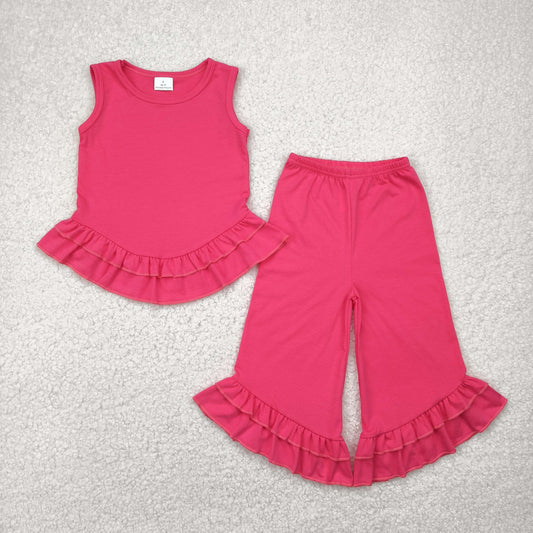 GSPO2009 Hot Pink Ruffle Vest Top Bell Pants Girls Clothes Set