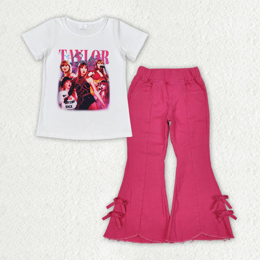 GSPO2015 Singer SWIFTIE Top Hot Pink Denim Bell Jeans Girls Clothes Set