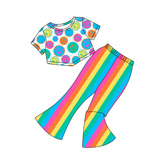 (Pre-order)GSPO2016 Colorful Smiling Face Top Stripes Bell Pants Girls Clothes Set