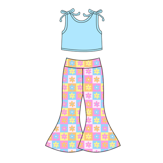 (Pre-order)GSPO2017 Blue Top Flowers Colorful Plaid Bell Pants Girls Clothes Set