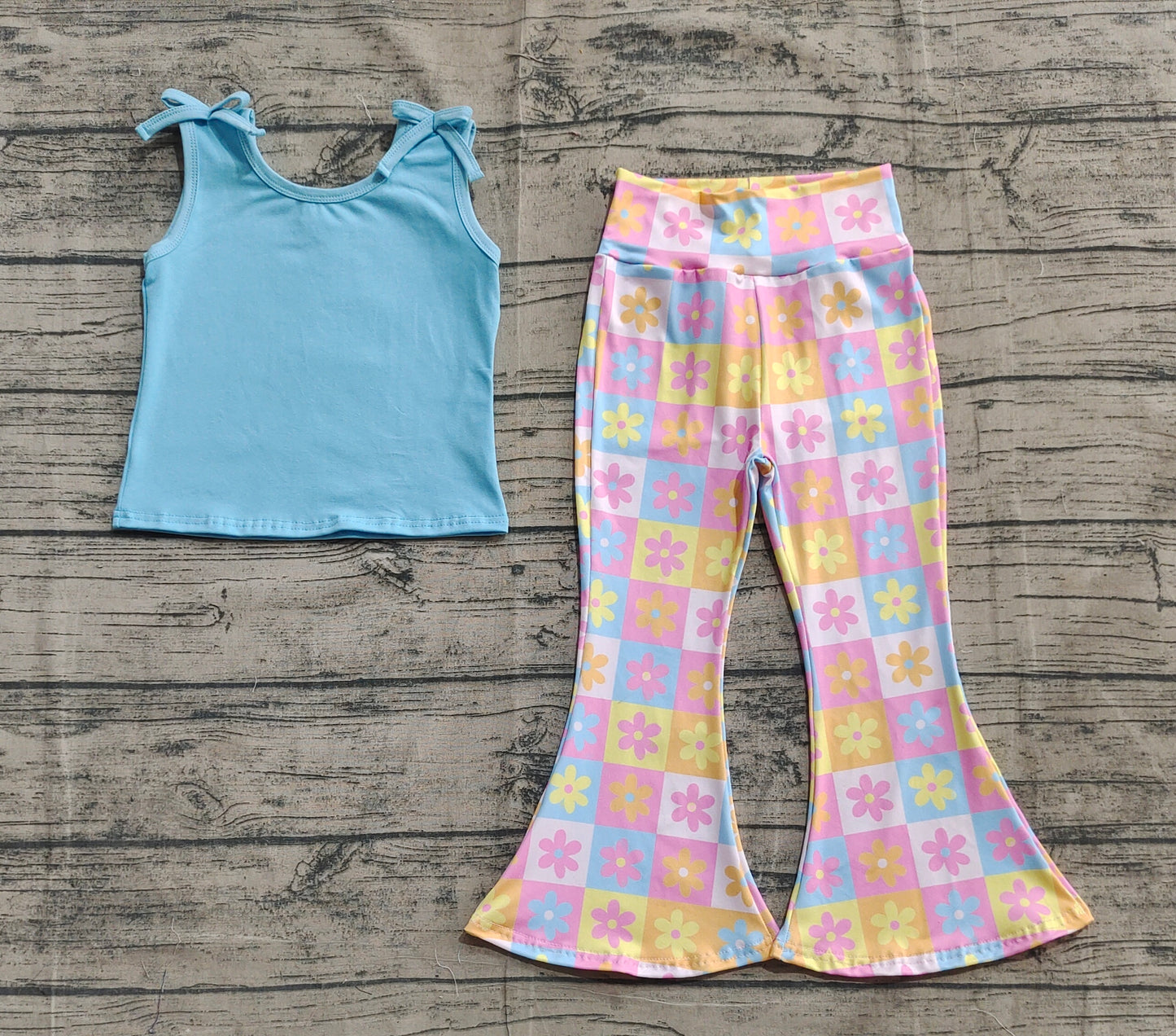 (Pre-order)GSPO2017 Blue Top Flowers Colorful Plaid Bell Pants Girls Clothes Set