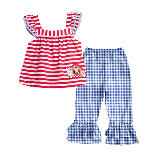 (Pre-order)GSPO2023 Farm Animals Red Stripes Top Blue Plaid Pants Girls Clothes Set