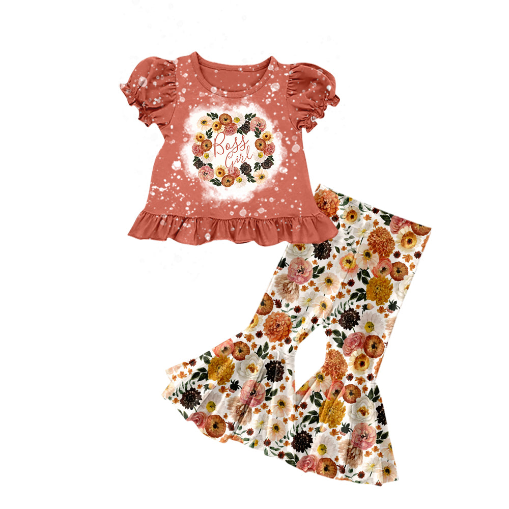 (Pre-order)GSPO2026 Flowers Brown Top Bell Pants Girls Clothes Set