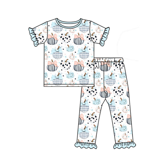 (Pre-order)GSPO2027 Pumpkin Bows Print Girls Fall Pajamas Clothes Set