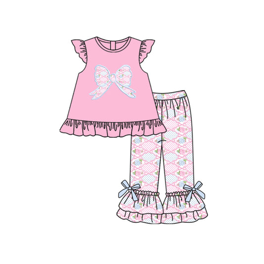 (Pre-order)GSPO2033 Flowers Bows Pink Tunic Top Ruffle Pants Girls Clothes Set
