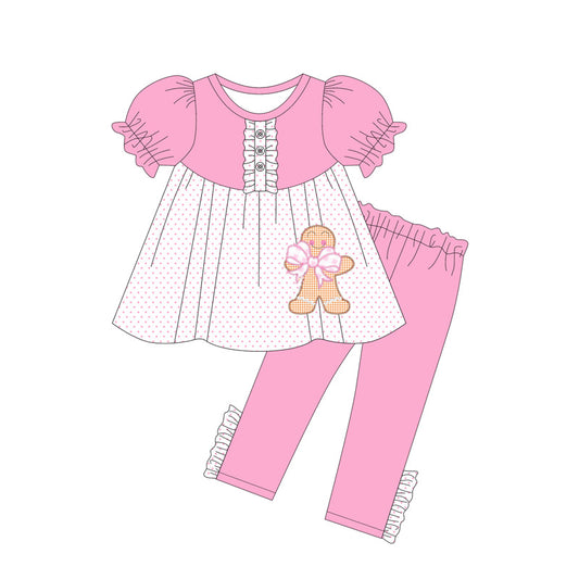 (Pre-order)GSPO2034 Gingerbread Bow Dots Tunic Top Pink Pants Girls Christmas Clothes Set