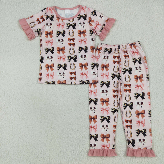 GSPO2035 Bows Pink Print Girls Western Pajamas Clothes Set