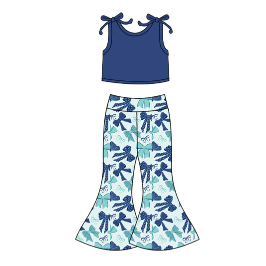 (Pre-order)GSPO2036 Navy Crop Top Bows Bell Pants Girls Clothes Set