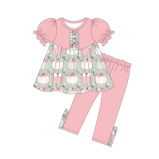 (Pre-order)GSPO2042 Pumpkin Flowers Bows Tunic Top Pink Pants Girls Fall Clothes Set