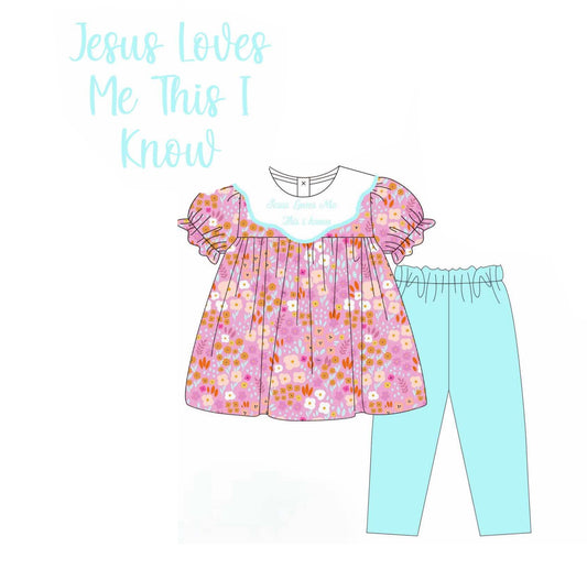 (Pre-order)GSPO2044 Jesus Love Me Flowers Tunic Top Blue Pants Girls Clothes Set
