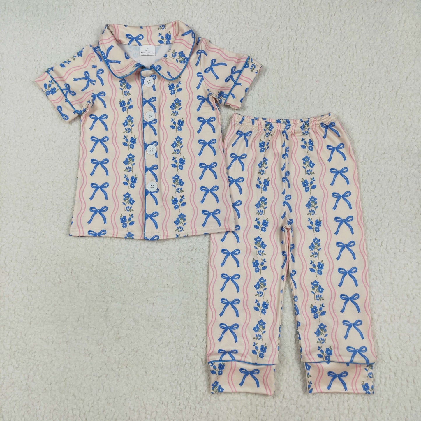 GSPO2050  Flowers Bows Blue Print Girls Buttons Pajamas Clothes Set