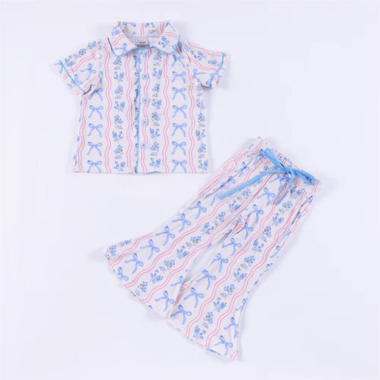 (Pre-order)GSPO2052 Flowers Bows Blue Top Bell Pants Girls Clothes Set