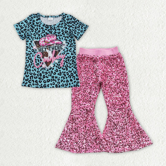 GSPO2053 Cowboy Leopard Top Pink Sequin Bell Pants Girls Clothes Set
