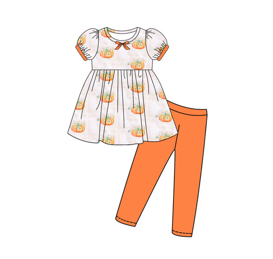 (Pre-order)GSPO2057 Pumpkin Small Flowers Tunic Top Orange Pants Girls Fall Clothes Set