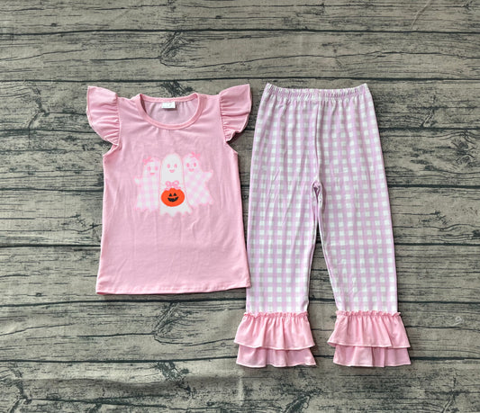 (Pre-order)GSPO2058 Spooky Pink Top Plaid Pants Girls Halloween Clothes Set