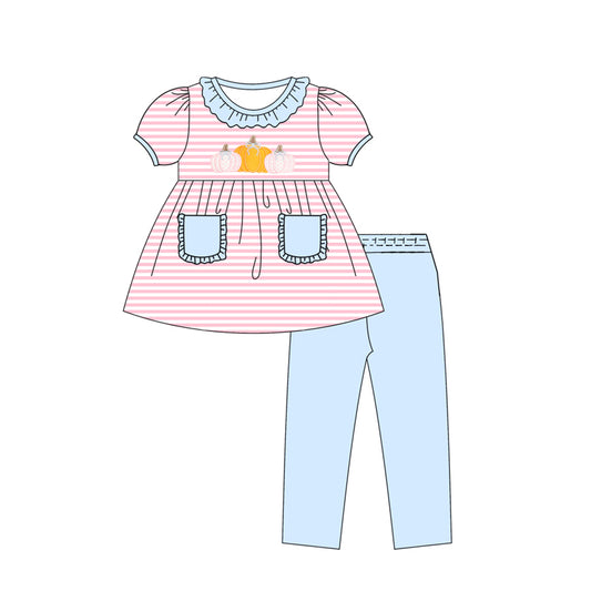 (Pre-order)GSPO2059 Pumpkin Stripes Pockets Tunic Top Blue Pants Girls Fall Clothes Set